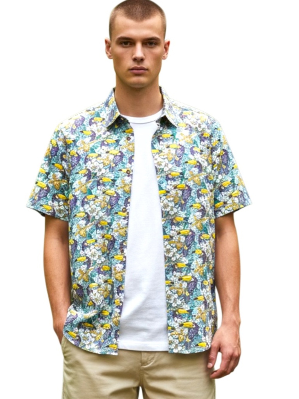 International Report Teal/Yellow Toucan Slim Fit Stretch Short Sleeve Shirt (M)